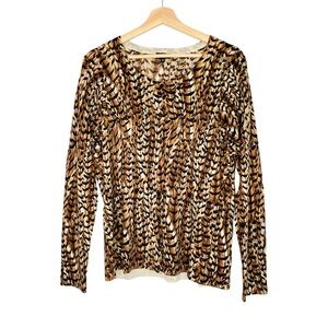 TALBOTS Pure Merino Wool Animal Print Cardigan Size XL Long Sleeves